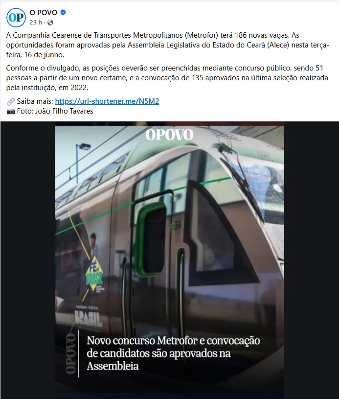 Concurso Metrofor: Alece aprova a criação de 186 vagas! Edital em breve!