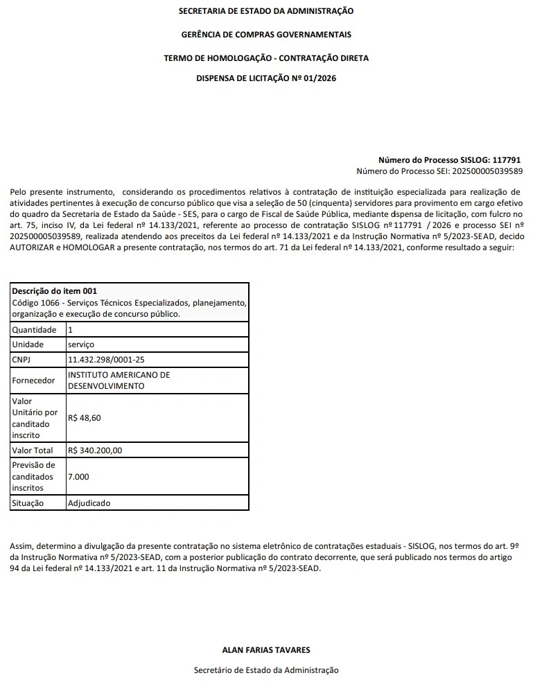 Confira o documento que confirma o IADES como banca do concurso SES GO