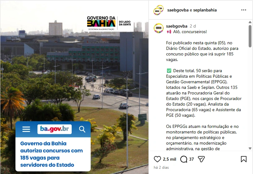 Anuncio autorizando o concurso PGE BA