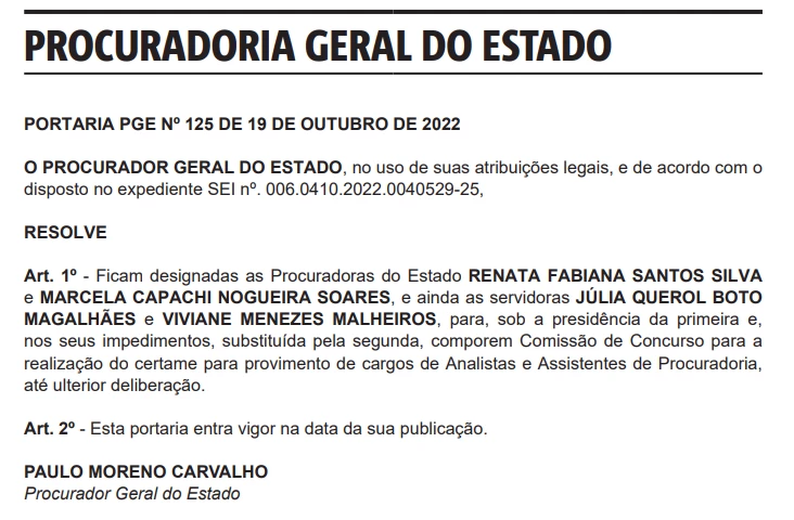 Portaria que institui a comissão organizadora do concurso PGE BA