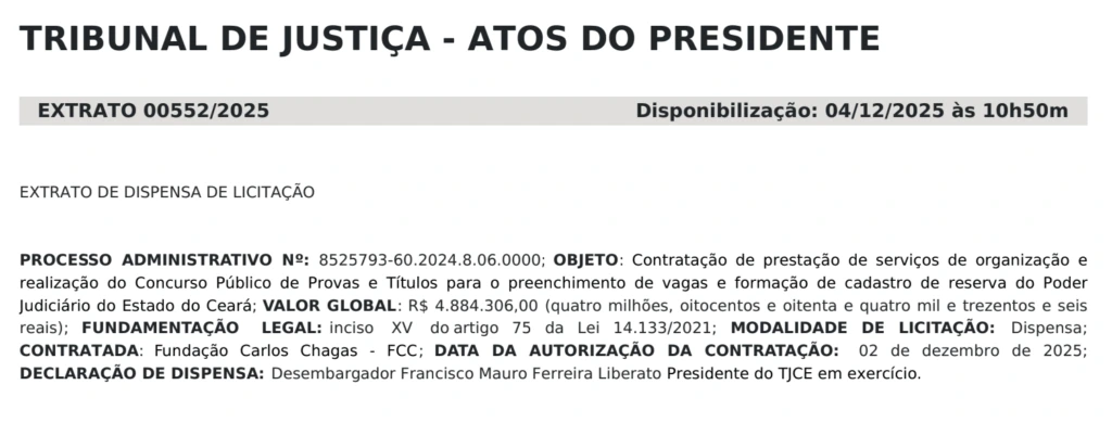 extrato de dispensa de licitação contrato FCC como banca organizadora do concurso TJ CE