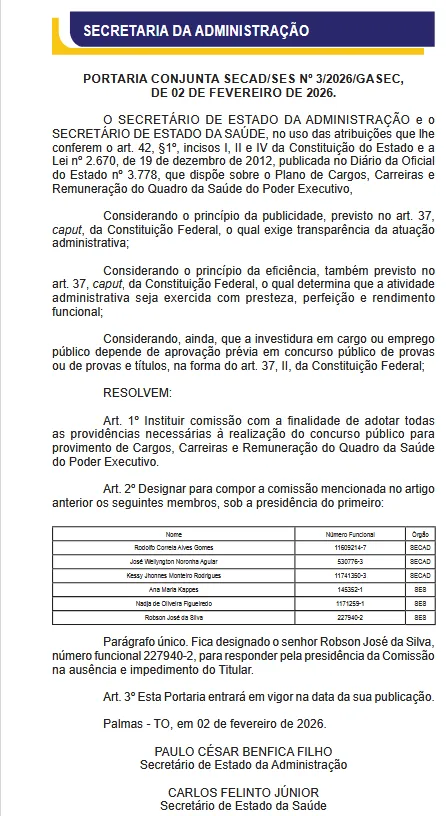 Comissão do concurso SES TO!
