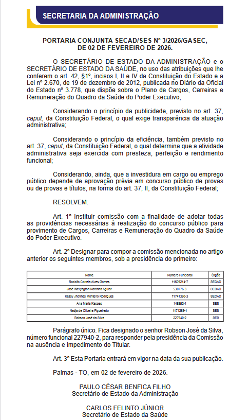 Publicação oficial no DOE TO oficializando a criação da comissão organizadora do concurso SES TO