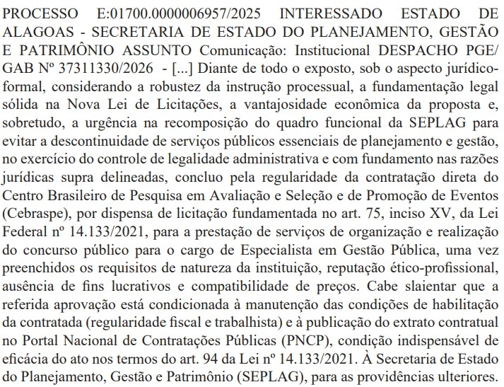 Confira o documento que confirma o Cebraspe como banca do concurso Seplag AL
