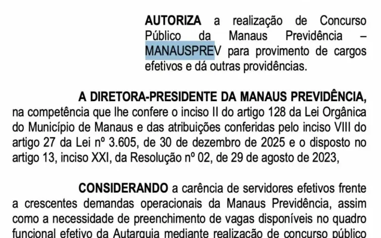 O concurso ManausPrev está autorizado
