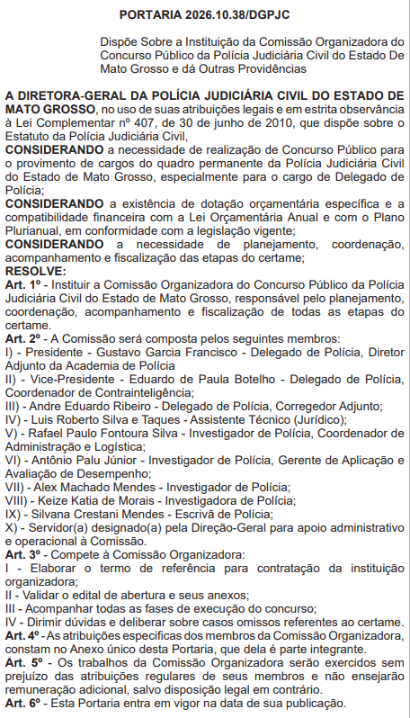 publicação oficial no DOE do Mato Grosso, oficializando a comissão organizadora do concurso PC MT