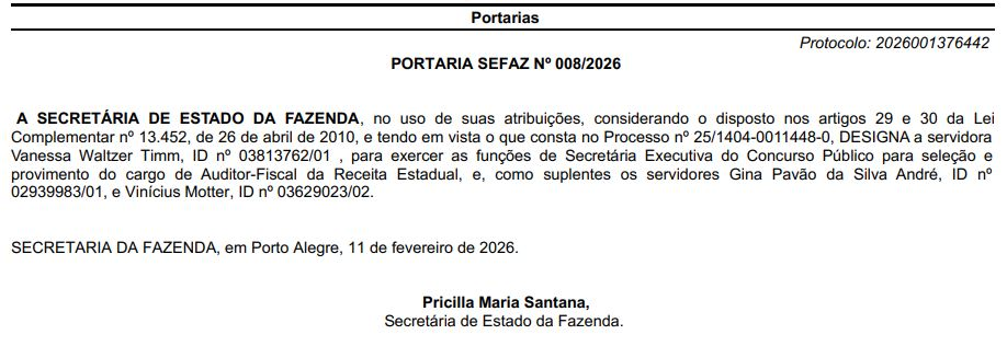 Portaria autorizando o concurso Sefaz RS
