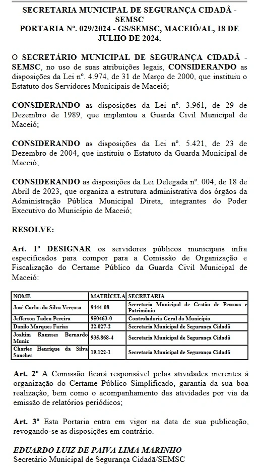 Portaria nº 029/2024 definindo a banca do concurso Guarda de Maceió