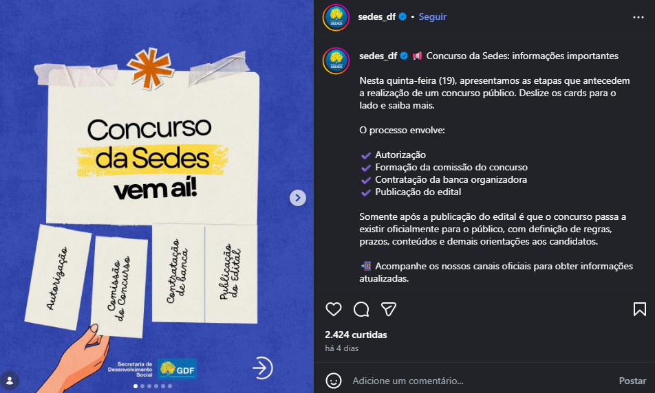 Publicação nas redes sociais SEDES DF anunciando o novo concurso SEDES DF e detalhando as etapas que antecedem a publicação do edital
