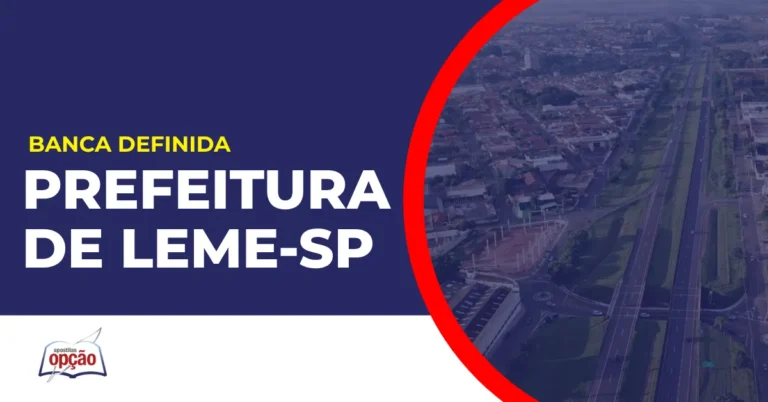 Imagem com fundo azul divulgando o Concurso Prefeitura de Leme SP