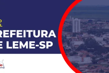 Imagem com fundo azul divulgando o Concurso Prefeitura de Leme SP