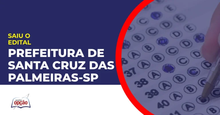 Imagem com Fundo azul divulgando o Concurso Prefeitura de Santa Cruz das Palmeiras SP