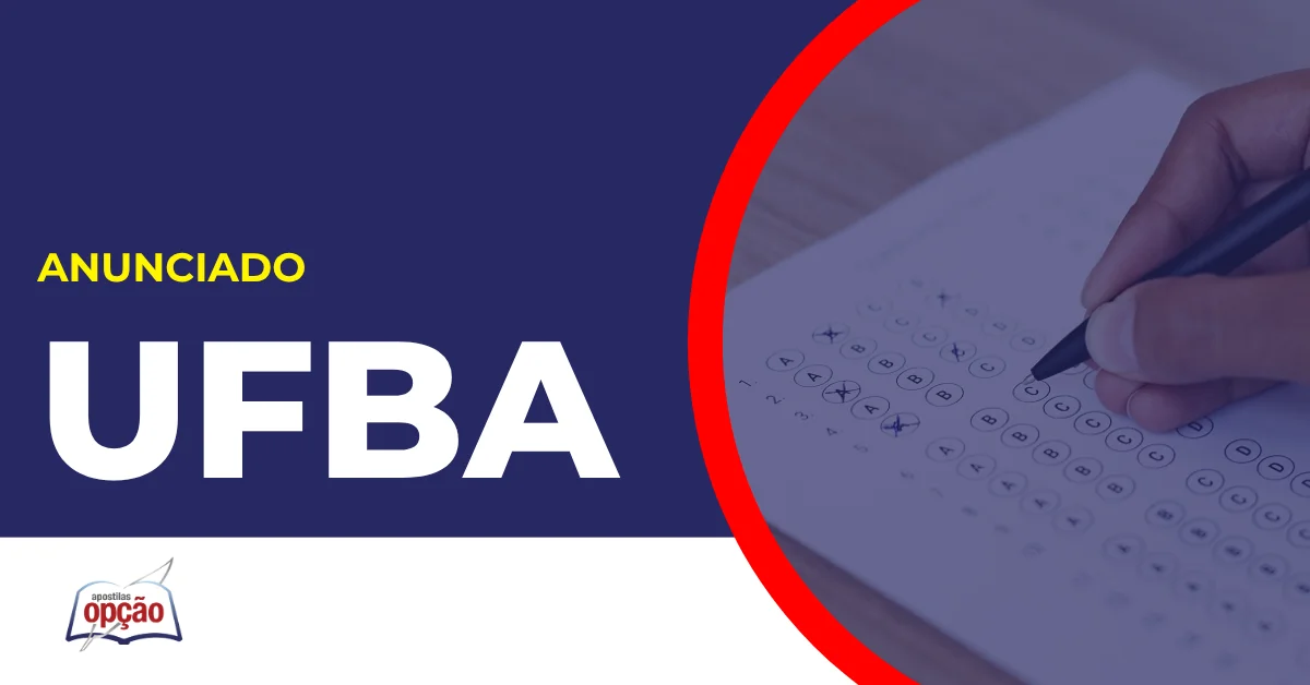 Imagem com fundo azul e gabarito divulgando o Concurso UFBA
