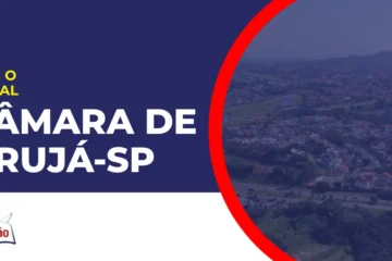 Imagem com fundo azul divulgando o Concurso Câmara de Arujá SP