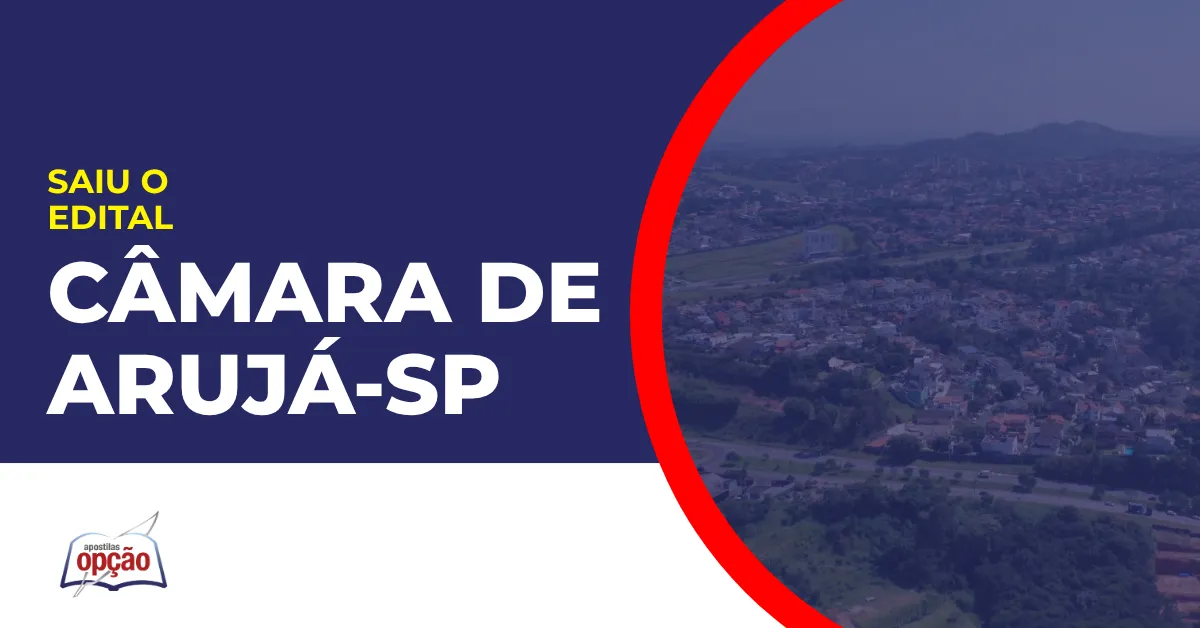Imagem com fundo azul divulgando o Concurso Câmara de Arujá SP