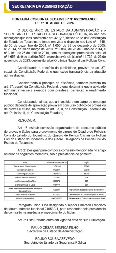 Portaria Conjunta Concurso PC TO