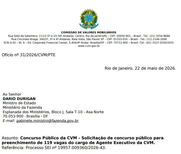 Concurso CVM: Solicitação enviada para edital de nível médio!