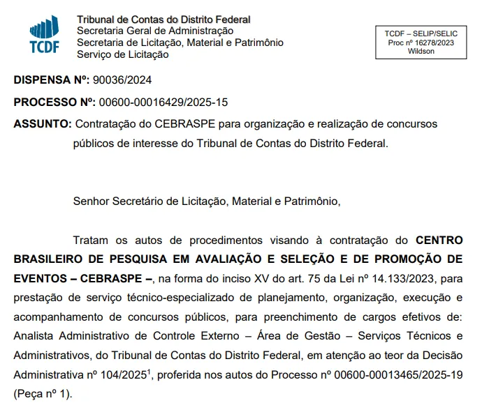 Concurso TCDF 2026: Banca definida para edital de Analista!