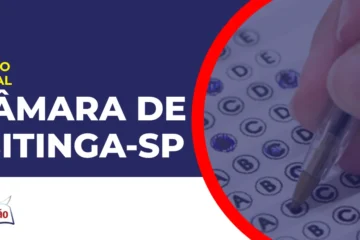 Imagem com fundo azul divulgando o Concurso Câmara de Ibitinga SP