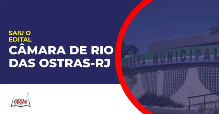 Imagem com fundo azul divulgando o Concurso Câmara de Rio das Ostras RJ