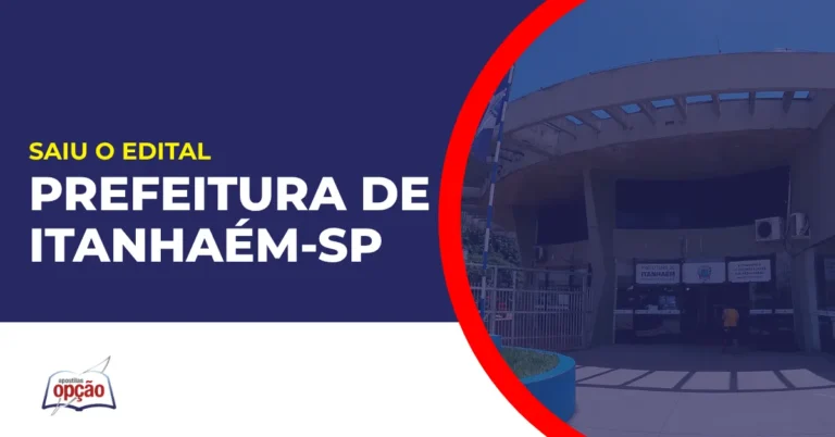 Imagem com fundo azul divulgando o Concurso Prefeitura de Itanhaém