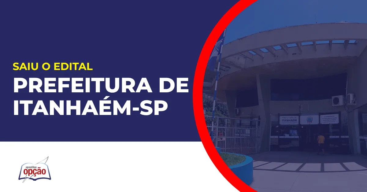 Imagem com fundo azul divulgando o Concurso Prefeitura de Itanhaém