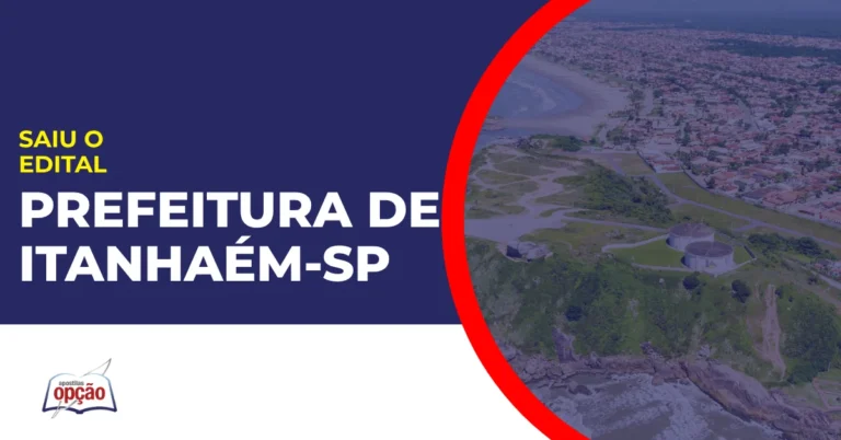 Imagem com fundo azul divulgando o Concurso Prefeitura de Itanhaém