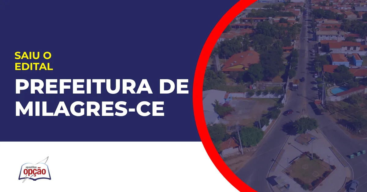 Imagem com fundo azul divulgando o Concurso Prefeitura de Milagres CE