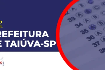Imagem com fundo azul divulgando o Concurso Prefeitura de Taiúva SP