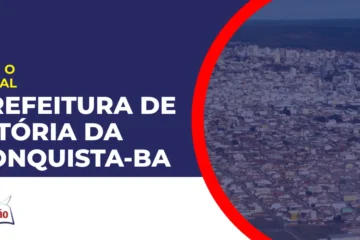 Imagem com fundo azul divulgando o Concurso Prefeitura de Vitória da Conquista