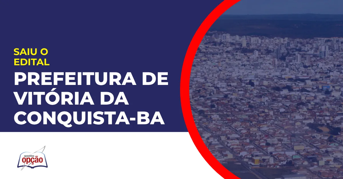 Imagem com fundo azul divulgando o Concurso Prefeitura de Vitória da Conquista