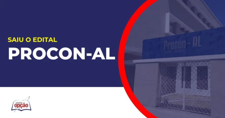 Imagem com fundo azul divulgando o Concurso Procon AL
