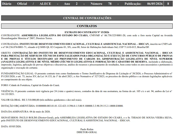 Concurso ALECE 2026 - Diário Oficial do Estado