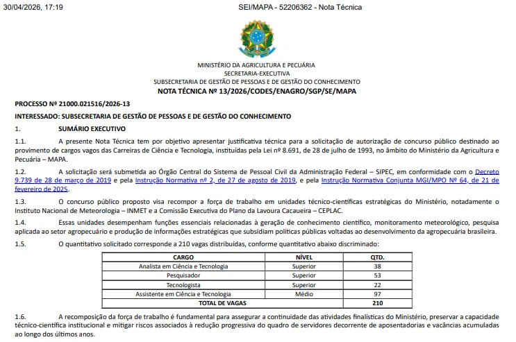 Concurso Mapa: Solicitado edital com 210 vagas!