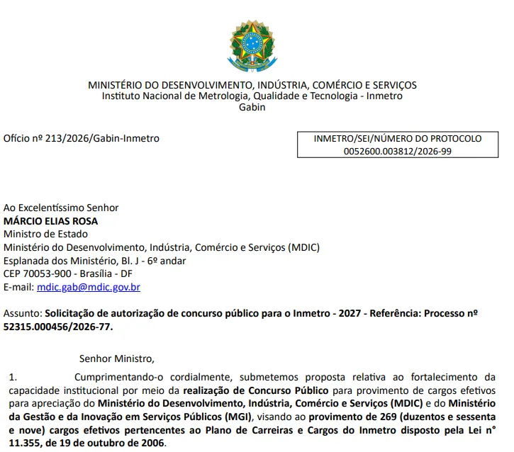 Concurso Inmetro: Edital solicitado com 269 vagas para 2027!