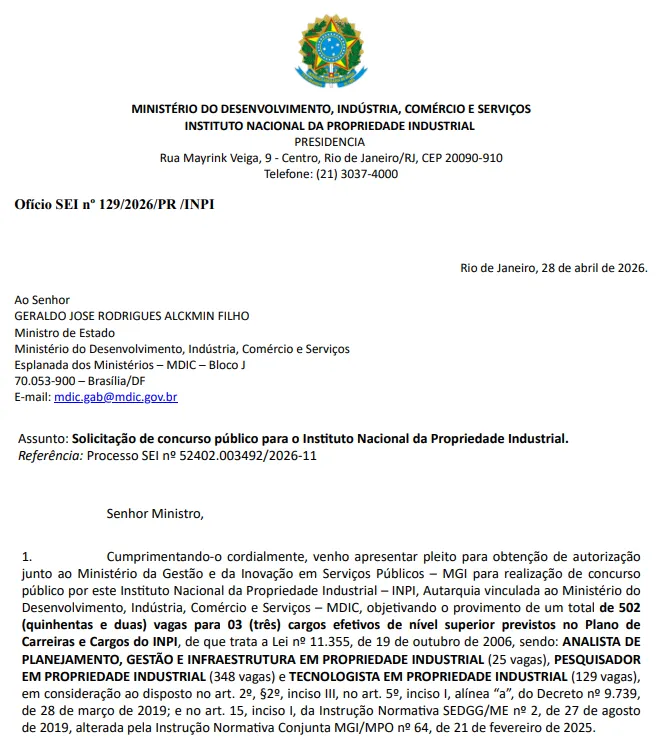 Concurso INPI: Autorização solicitada para 502 vagas!