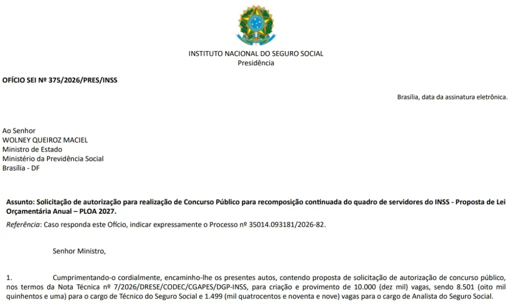 Concurso INSS 2026: Edital solicitado com 10 mil vagas!
