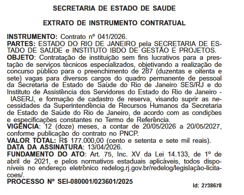 Concurso SES RJ: Extrato de contrato publicado! 287 vagas!