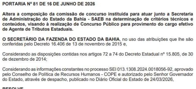 Concurso Sefaz BA: Comissão alterada!
