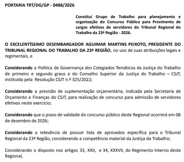 Concurso TRT MT 2026: Comissão formada para novo edital!