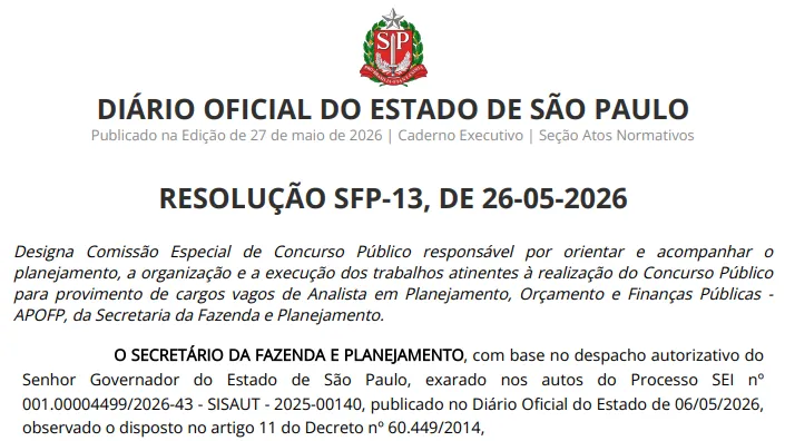 Concurso Sefaz SP: Comissão formada! 60 vagas!