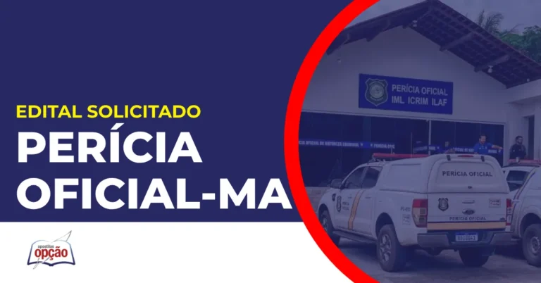 Imagem com fundo azul divulgando o Concurso Perícia Oficial MA