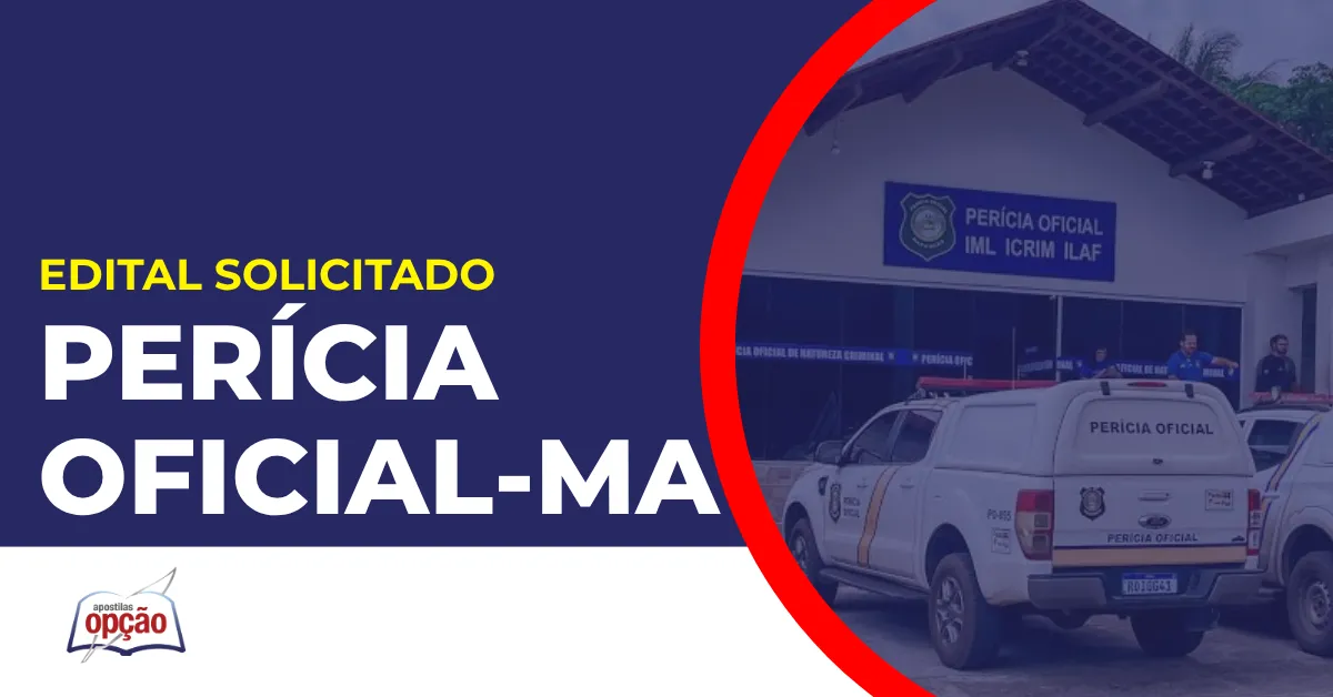 Imagem com fundo azul divulgando o Concurso Perícia Oficial MA