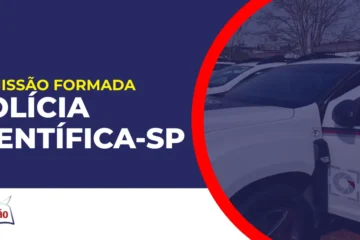 Imagem com fundo azul divulgando o Concurso Polícia Científica SP