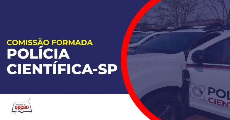 Imagem com fundo azul divulgando o Concurso Polícia Científica SP