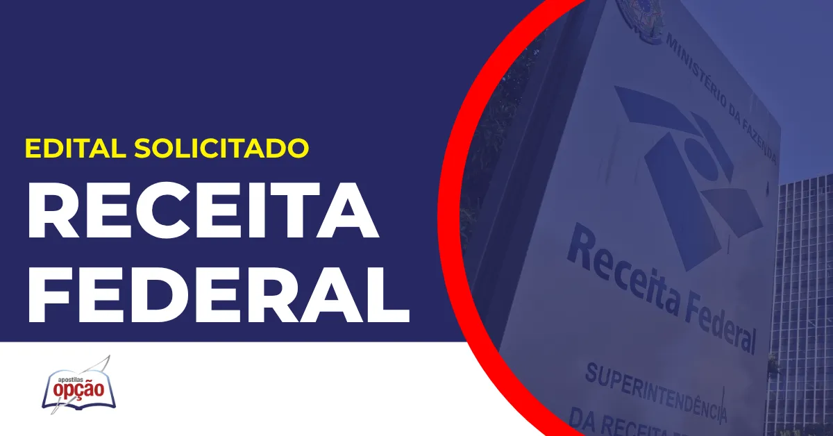Imagem com fundo azul divulgando o Concurso Receita Federal