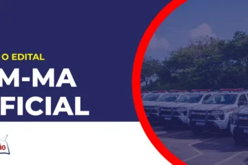 Imagem com fundo azul divulgando o Concurso PM MA Oficial