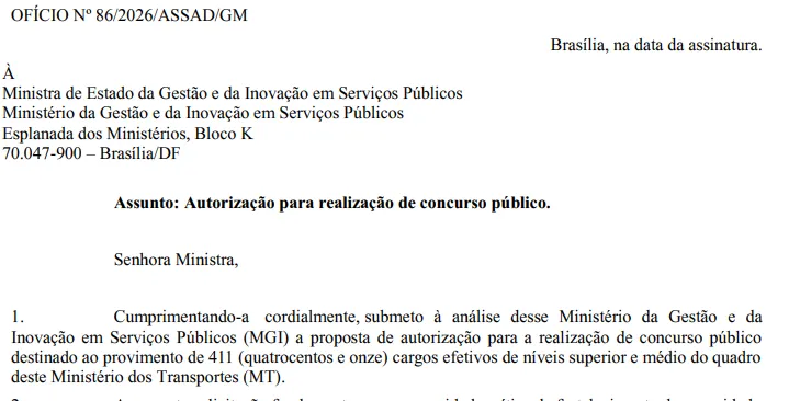 Concurso Ministério dos Transportes: Solicitação enviada para 411 vagas!