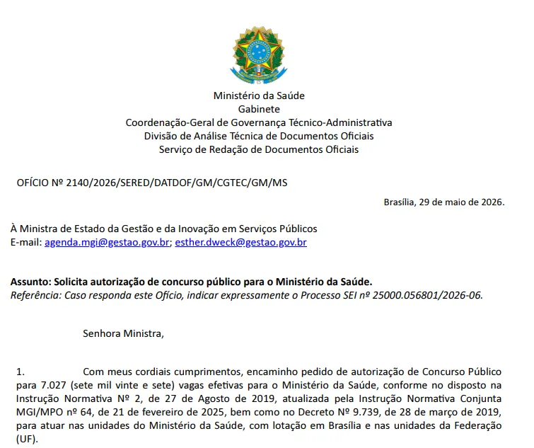 Concurso Ministério da Saúde: Edital solicitado com 7.027 vagas!