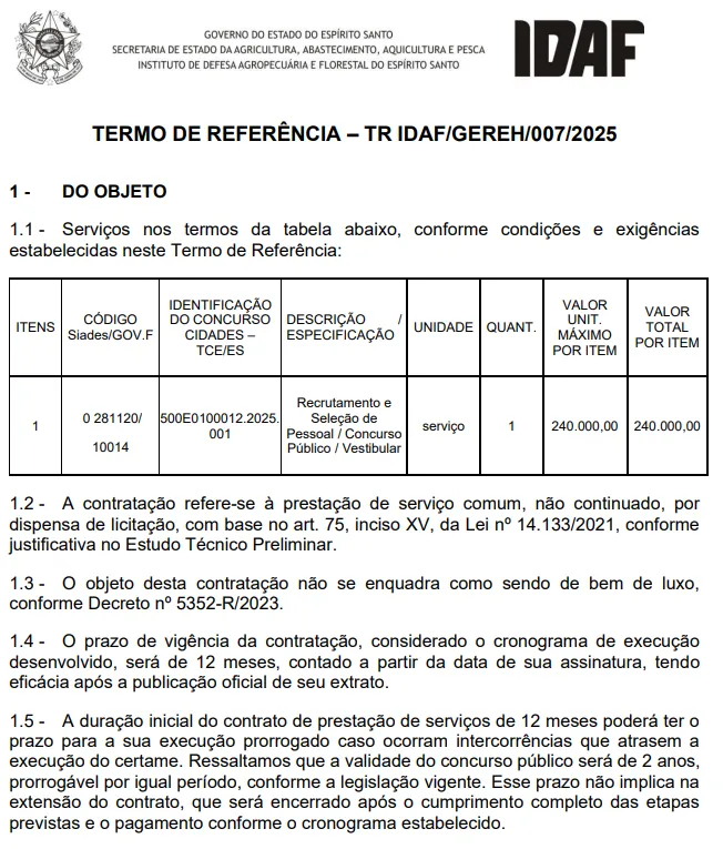 Concurso IDAF ES - Termo de referência